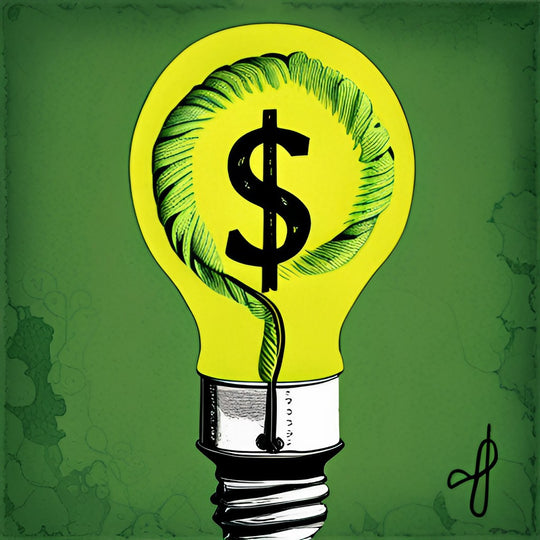 A lightbulb with a green thread inside wrapped around a money sign.