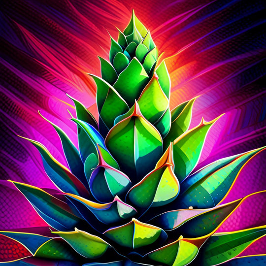 A piece of art detailing a noble agave plant, made of agave fiber, surrounded by purple and red energy.