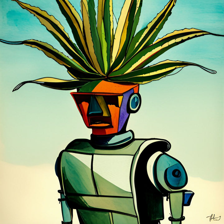 A piece of art, picture of a robot with an agave plant growing out of his head.